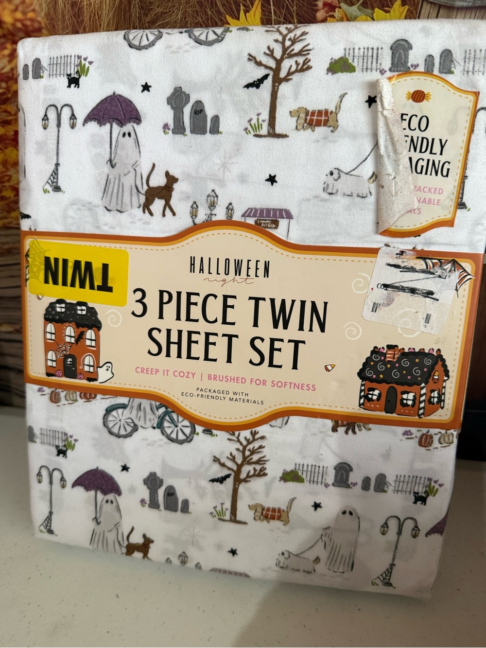 Halloween 3-Piece Twin Sheet Set - White Ghost & Pumpkin Print